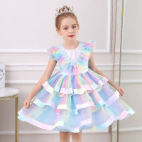 Summer female princess dress sweet flower girl dress dress cake net yarn rainbow gradient childrens dress