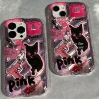 เคส RouJiang สำหรับ iPhone 15 14 13 12 11 Pro Max X XR Xs Max 8 7 6S Plus SE 2020เคสโทรศัพท์ป้องกันเลนส์การ์ตูนแมวดำชมพู