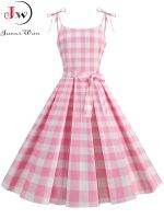 สายสปาเก็ตตี้ลายสก๊อตพิมพ์ R Vintage Y2K ผู้หญิงฤดูร้อนสีชมพู A Line Party Dresses