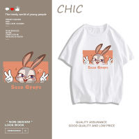 CHIC ผ้าฝ้ายแท้ การ์ตูนกระต่ายพิมพ์สบาย ๆ คอกลมแขนสั้นเสื้อยืด A2409