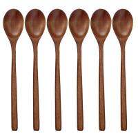 6 Pieces Wood Soup Spoons for Eating Mixing Stirring Cooking, Long Handle Spoon