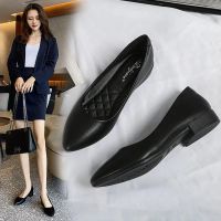 ◆◊ Real soft leather pointed toe thick heel flat shoes professional womens shoes black work shoes soft sole bank hotel work leather shoes