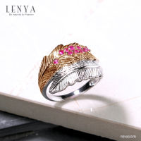 Lenya Jewelry  แหวน LenYa ดีไซน์ทรงใบไม้ 2 ใบประดับอัญมณี ตัวเรือนเงินแท้ชุบสีแบบทูโทน ชุบทองคำขาว และทองคำแท้