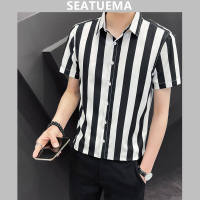 SEATUEMA เสื้อเชิ้ตแขนสั้นเข้ารูปสำหรับผู้ชายเสื้อเชิ้ตลำลองธุรกิจแขนสั้นแถบสีเหลือง