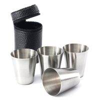 【CW】☈♀  4pcs Set Polished Shot Glass Cup Drinking Wine Glasses With Leather Cover Bar