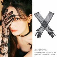 ☼✖♀ JaneVini 21.65 Black Lace Sheer Gloves Vintage Dots 55cm Long Evening Gloves Women Sexy White Mesh Tulle Wedding Bridal Gloves