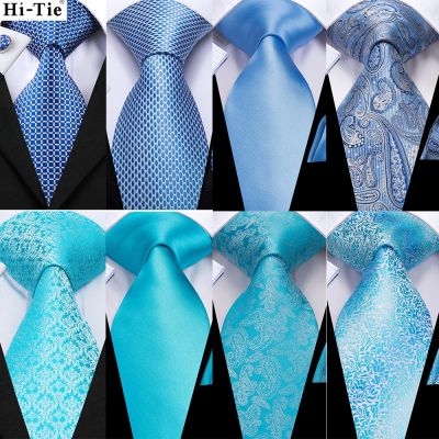 Hi Tie Light Blue Sold Gift Silk Wedding Tie For Men Handkerchief Cufflink Nicktie Set Fashion Design Business Party Dropship
