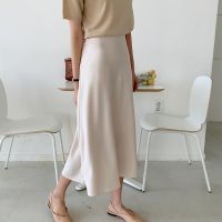 【Feb】 2023 Satin Skirts Women Casual Loose Long Skirts Soft A-Line Pink Summer Skirt Solid High Waist Harajuku Korean Elegant V812