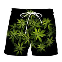 e3D Swimming Trunks 2023 Summer Mens Hemp 3D Printed Green Leaf Shorts Fashion Casual Comfortable Beach Resort Bermuda Shorts