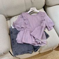 COD Summer gentleness is to wear a whole set of womens 2023 new Korean retro lotus leaf edge blouse and shorts