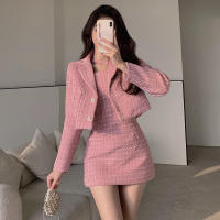 2021 Temperament Women 2 Piece Set Pink Tweed Short Jacket Coat+ y Sling Club Mini Dress Elegant Fashion Party Dresses Suit