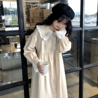 QWEEK Soft Girl Kawaii Peter Pan Collar Midi Dress Women Autumn 2021 Preppy Style College Lace Long Sleeve Robes Female Korean