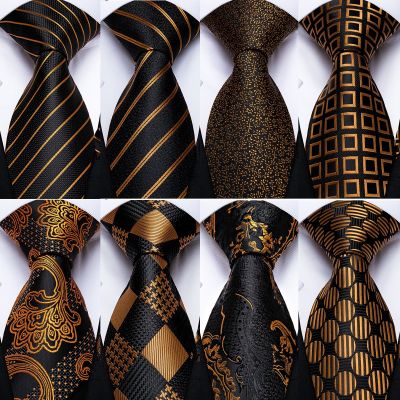 Gift Men Tie Luxury Gold Black Striped Paisley Silk Wedding Tie For Men DiBanGu Designer Hanky Cufflinks Fashion Tie Set