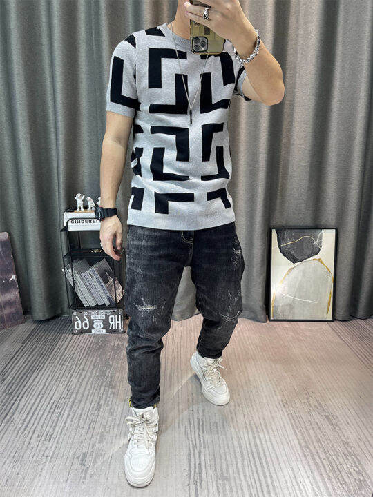ผู้ชายหรูหราฤดูร้อนถัก-tshirt-2022เกาหลี-o-neck-แขนสั้น-top-tees-streetwear-ชาย-social-club-slim-fit-casual-t-shirt