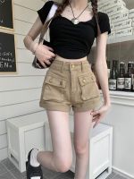 กางเกงขาสั้น Khaki tooling pocket denim shorts womens summer high waist a-line hot pants casual straight pants