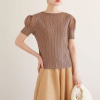 2023 Hot Miyake style pleated short-sleeved top for women in summer thin fashionable simple slim solid color versatile round neck T-shirt