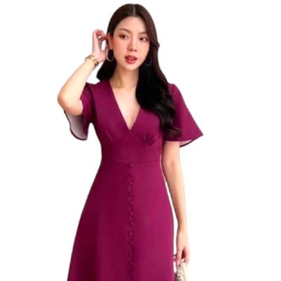 P018-017 PIMNADACLOSET - Deep V Cap Sleeve Solid Slit Front Midi Dress