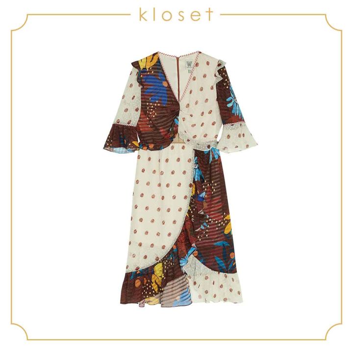 kloset-design-polka-dot-ruffle-midi-dress-rs20-d006-เดรสผ้าชีฟอง-เดรชผ้าพิมพ์-เดรสแฟชั่น-เดรสตัดต่อ2สี