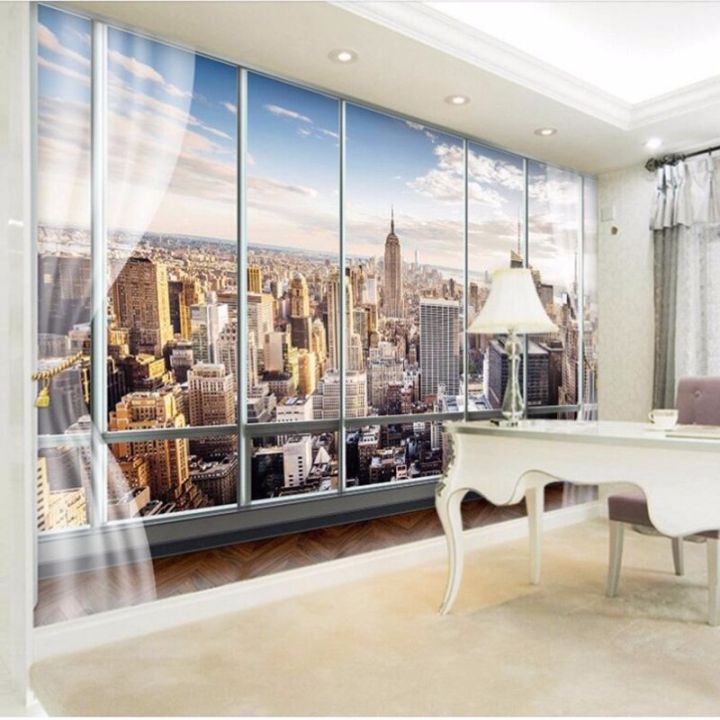 ห้องนั่งเล่นสำนักงานสเตอริโอ3d-วอลล์เปเปอร์รูปภาพที่กำหนดเองนอกหน้าต่างล่าสุดเมืองนิวยอร์กวอลปเปอร์ตกแต่งผนัง