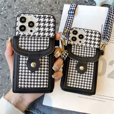 「Enjoy electronic」 Fashion Houndstooth Card Wallet Phone Case For 14 13 11 Pro 12 Pro Max Mini XR X XS Max 8 7 Plus SE Rope Strap Lanyard Cover