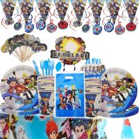 [HOT MAKXJWIGO 542] เด็กโปรดปราน Beyblade ระเบิดธีมเค้ก T Oppers ธงเด็กอาบน้ำแผ่นฟางถ้วยงานเลี้ยงวันเกิดตกแต่งผ้าปูโต๊ะ