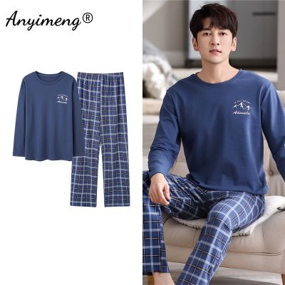 Plus Size 4XL Men Pajamas Autumn Winter Blue Pijamas Long Sleeve Plaid Pants Sleepwear Cotton Snow Mountain Printing Nightwear