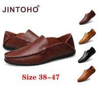 JINTOHO รองเท้าหนังส้นเตี้ยสำหรับผู้ชายรองเท้า Casual Leather สำหรับบุรุษแฟชั่น Sepatu Pantofel Kulit รองเท้าแตะหนังแท้สำหรับผู้ชายราคาถูก