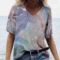 【HOT】♣ New Womens V-neck Top Short Sleeve T-shirts Texture Print Clothing Oversize S-5XL