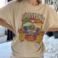 70S Retro Skeleton Art Psychedelic เสื้อ T ผู้หญิงแขนสั้น Boho Vintage Aesthetic เสื้อยืดแม่มด Top Hippie เสื้อผ้า