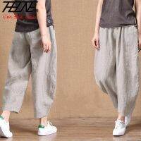 COD SDFERTGRTYTYUYU THHONE Pants Women Long Trousers Korean Style Ready Stock Vintage Fashion Plus Size Cotton Womens Summer Cropped Loose Thin Cotton Linen Elastic-Waist Wide Leg Retro Casual Pants