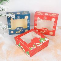 5Pcs Christmas Gift Box With Window Candy Cookie Boxes Santa Elk Kraft Paper Xmas New Year Party Snack Pastry Packaging Supplies