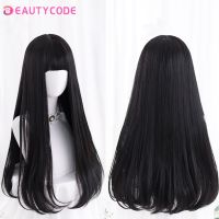 Cosplay Long Straight Black Synthetic Wigs with Bangs for Women African American Lolita Daily Party Heat Resistant Fibre