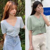 Summer Women V-neck Hollow Out Button Short Section Exposed Navel Knitted Thin Cardigan