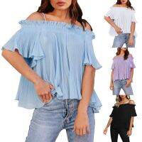 Elastic Ruffled Chest Wrap Top เซ็กซี่ปิดไหล่หลวมแขนสั้น Beach Holiday Elegant ผู้หญิงเสื้อเกาหลีสลิงเสื้อ Casual