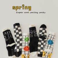 3Pairs Pack 1-8 Year 2022 new spring and autumn plaid smiley socks fashion boys and girls in the tube socks