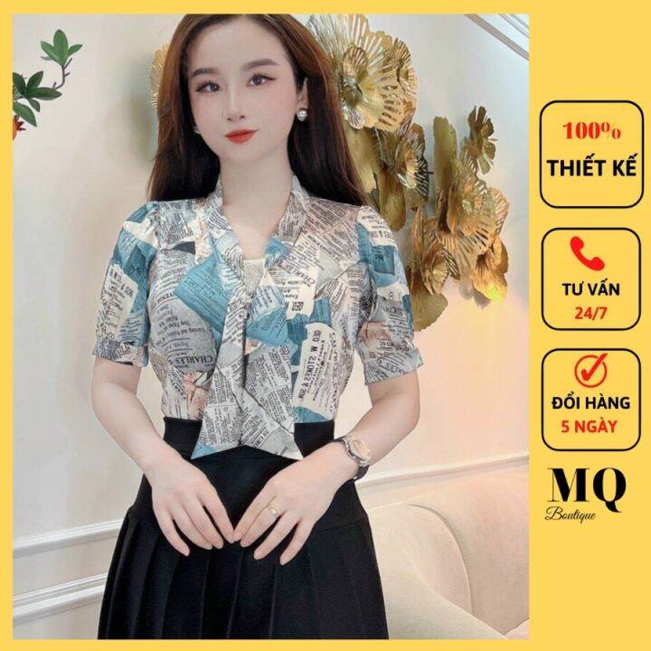 Áo Sơ Mi Nữ Lụa Cộc Tay Cao Cấp Công Sở Họa Tiết Tờ Báo Chữ, Kẻ Caro, Áo Sơ  Mi Họa Tiết Thiết Kế Mq Boutique | Lazada.Vn