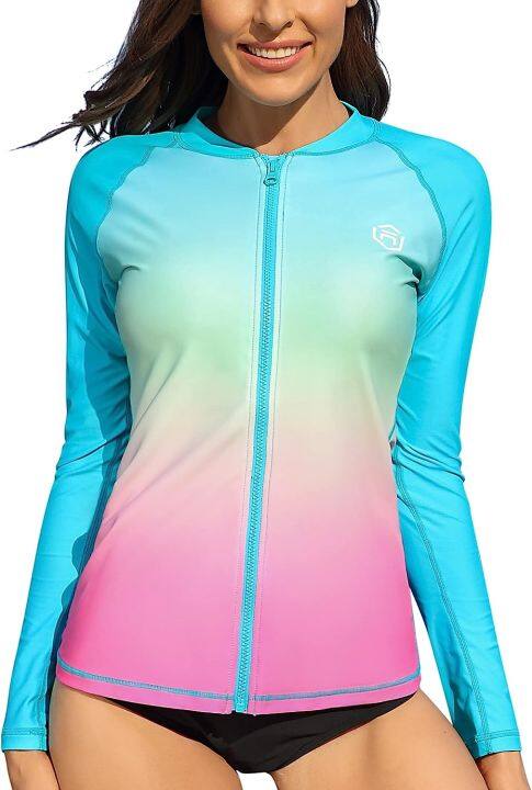 Charmo Women Long Sleeve Rash Guard Sun Protection Top Gradual Color ...