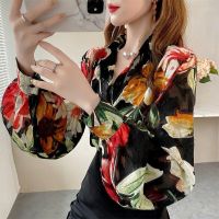 COD dhdfxcz Womens long-sleeved chiffon shirt loose lantern sleeve top lapel printed elegant blouse summer fashion womens wear