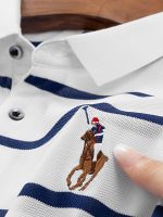 Striped contrast color high-end polo shirt mens short-sleeved middle-aged business casual formal wear lapel horse logo embroidered ice silk T-shirt a 【SSY】