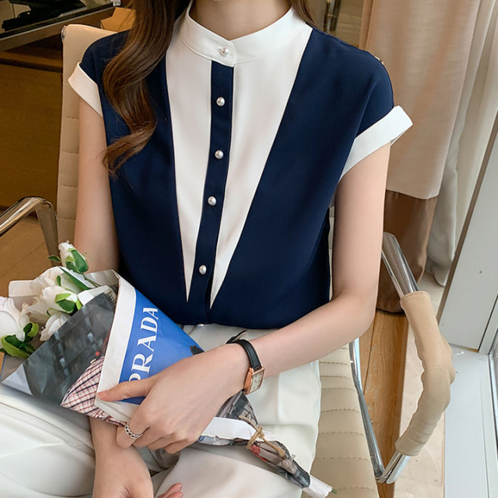 เสื้อทำงานผู้หญิงแขนสั้นเสื้อฤดูร้อนแฟชั่นสไตล์เกาหลีเรียบง่ายผ้าชีฟองธรรมดา