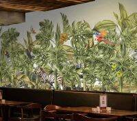 ✟ Custom wallpaper Hand-painted tropical rainforest plant and animal forest background wall