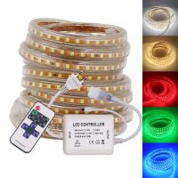 AC 220V หรี่ได้120 LED/m 2835สาย LED กันน้ำ LED ไดโอด Rion เทปหลอดไฟ Led ตกแต่งไฟสำหรับบ้านสีขาวสีแดงสีเขียว