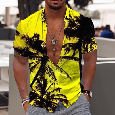 เสื้อฮาวายสำหรับผู้ชายเสื้อฤดูร้อนเสื้อเชิ้ตผู้ชายงานปาร์ตี้วันหยุดชายหาดต้นมะพร้าวใหม่ปี2023 6XL แฟชั่นสตรีทสั้น