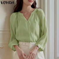 VONDA เสื้อผู้หญิงแขน3/4คอวีหรูหราเสื้อแขนพองหลวมธรรมดาเสื้อ (ลำลองเกาหลี)