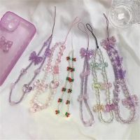 ▫□﹍ Phone Strap Bracelet Transparent Crystal Butterflies Beads Hanging Cord Cellphone Backpack Pendant Lanyard Small Fresh