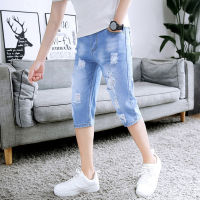 ผ้ายีนส์เจ็ดส่วนสำหรับผู้ชายฤดูร้อน Celana Pendek Denim ผู้ชายบางและฉีกขาดสไตล์เกาหลีกางเกงกระชับสัดส่วนผู้ชายตามสมัยนิยมสำหรับสวมใส่ภายนอก Dibi84207