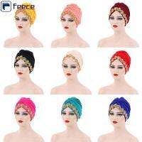 FEECE Femme หมวกบีนนี่ผ้ายืดแบบอินเดีย,หมวกที่รัดศีรษะลายกะโหลกหมวก Turbans Bonnet