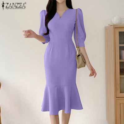 (จัดส่งฟรี)Fancystyle ZANZEA เสื้อคอวีแขน3/4ทางการสำหรับผู้หญิงสไตล์เกาหลีชุดเดรสบอดี้คอนรัดรูปชุดเดรสมีระบาย #11