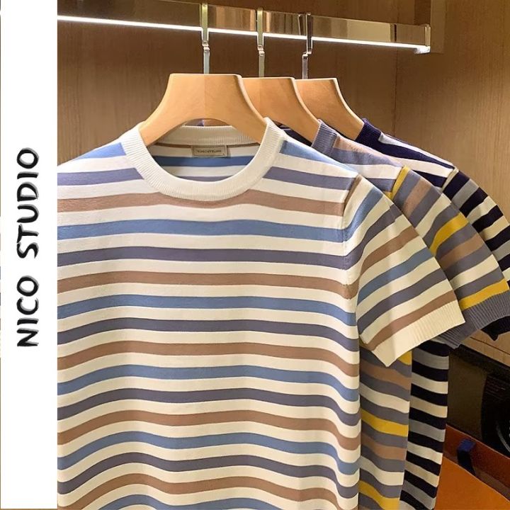 NICO STUDIO Striped T-Shirt Summer Men's Casual Outing Short Sleeve T ...