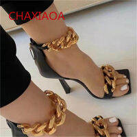 CHAXIAOA 2021 Fashion Women Sandals Gold Chain Designer Shoes Woman y Party High Heels Back Zipper Female Gladiator Sandals